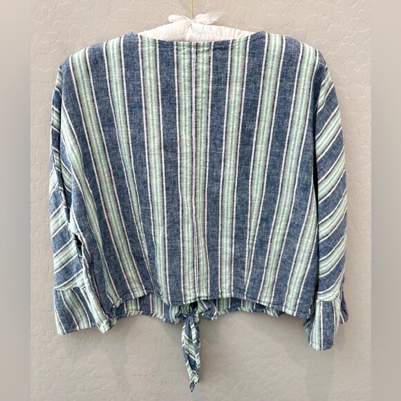 FOR CYNTHIA | Petite Blue Striped Linen Cotton Tie Front Button Blouse | Large - Picture 5 of 7